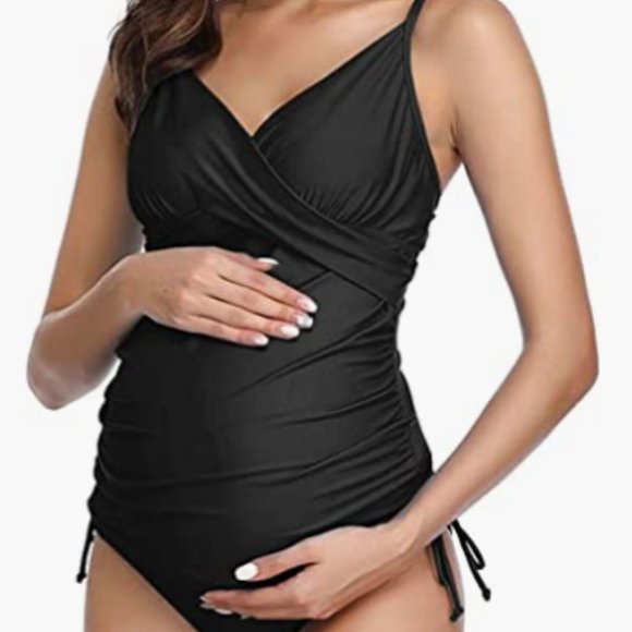 Women's Maternity Swimsuit Retro Plum Wrap Front Tankini - Picture 1 of 7